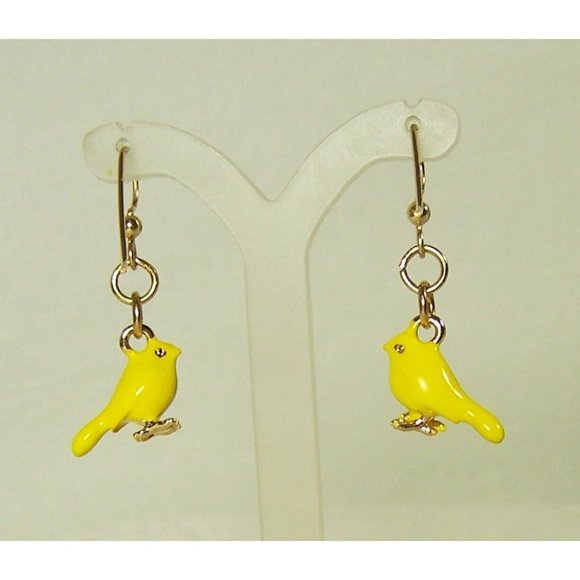 Yellow Canary Enamel Bird Earrings Gold Tone Spring Easter Jewelry 1" Drop - Picture 1 of 4